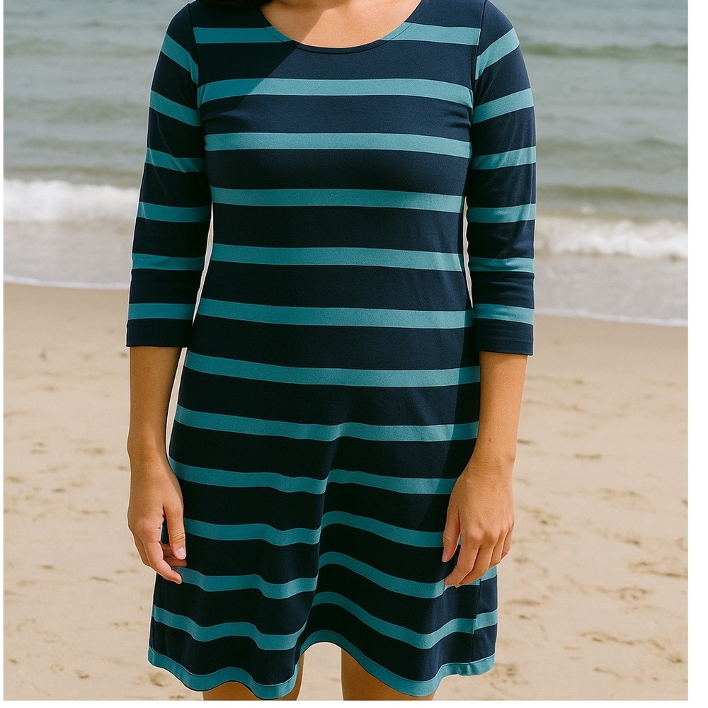 Tommy Bahama‎ Striped Comfy Dress Womens Medium Blue Green 3/4 Sleeve Casual